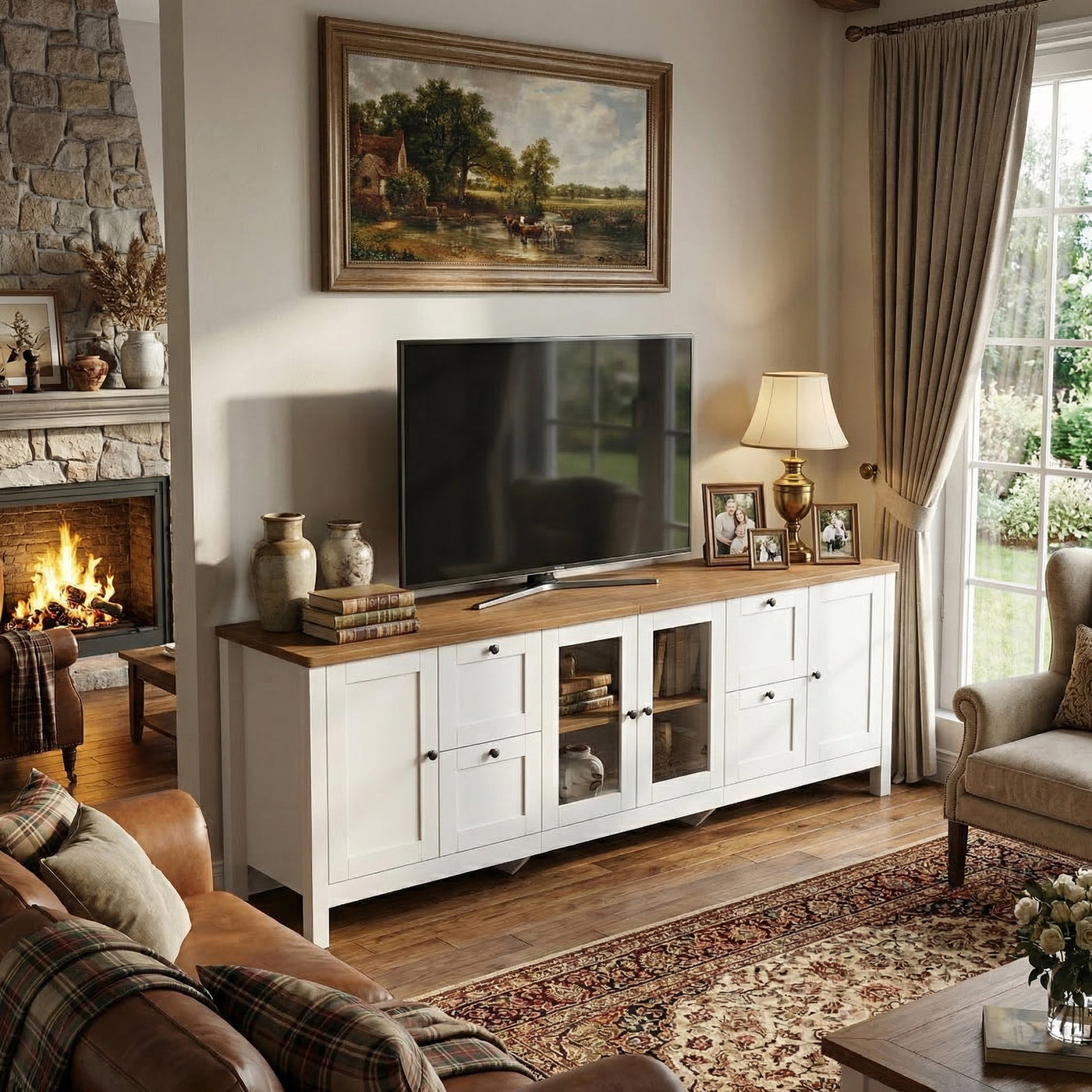 White TV stand with wood top, glass cabinet doors, drawers, and adjustable storage shelves