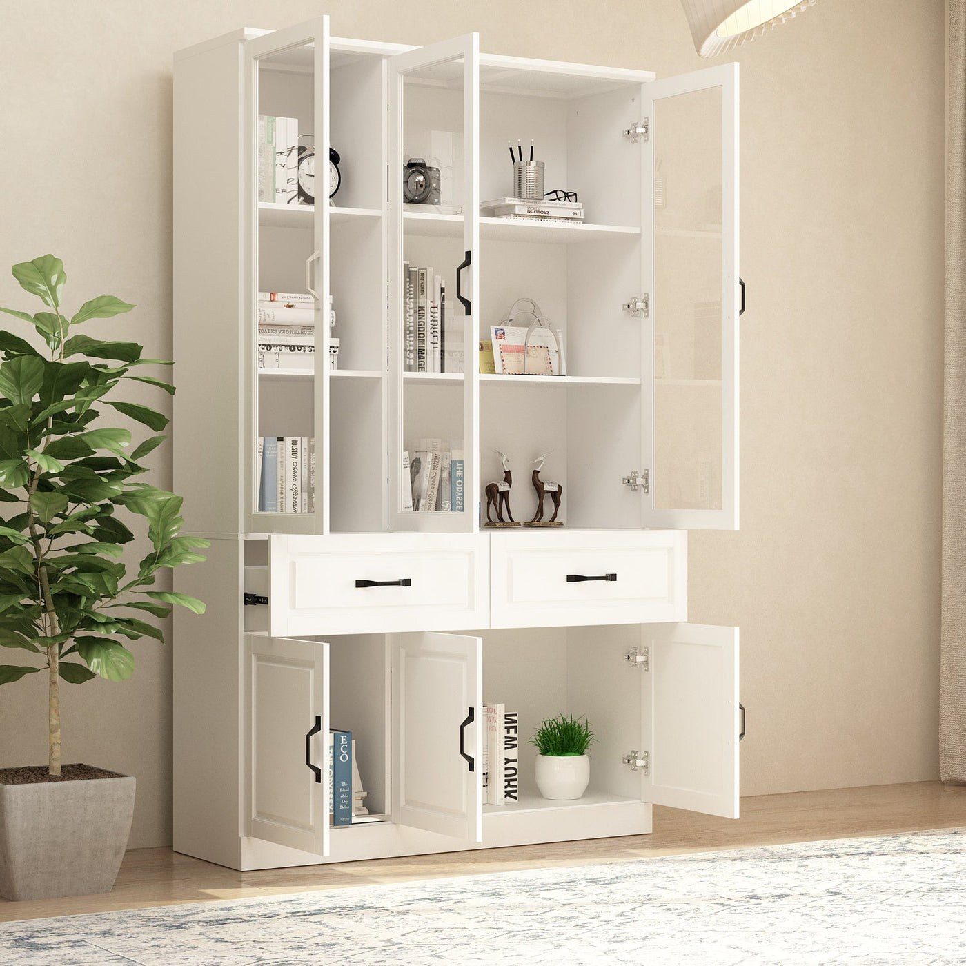 Vila 47" Classic White Display Cabinet & Bookcase with 2 Drawers and Glass Doors