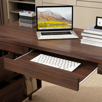 55.1" Mid-Century Modern Brown L-Shaped Home Office Computer Desk with 3 Drawers and Wood Legs