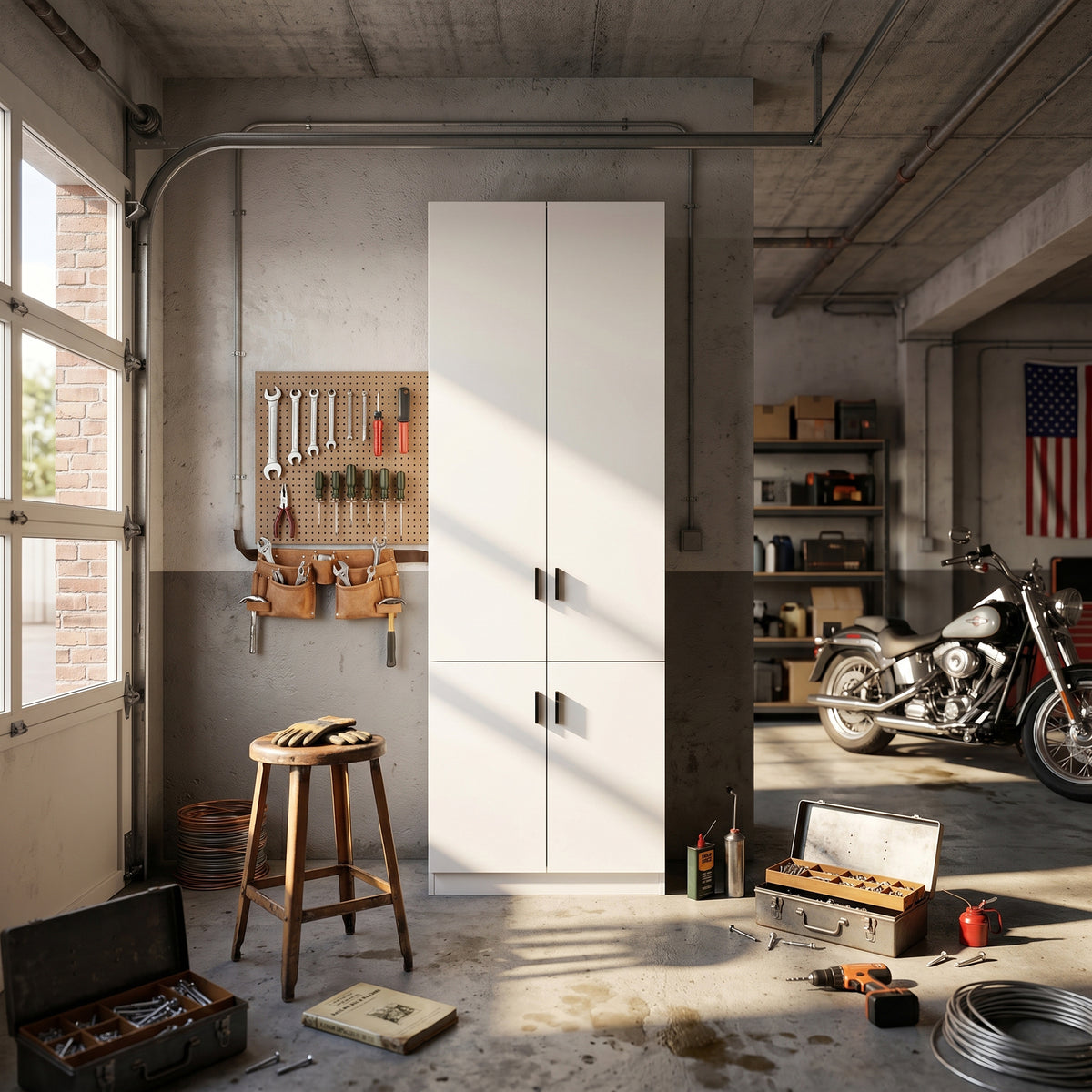 31.5" White Engineered Wood Tall 4-Door Garage Storage Cabinet with Adjustable Interior Shelves
