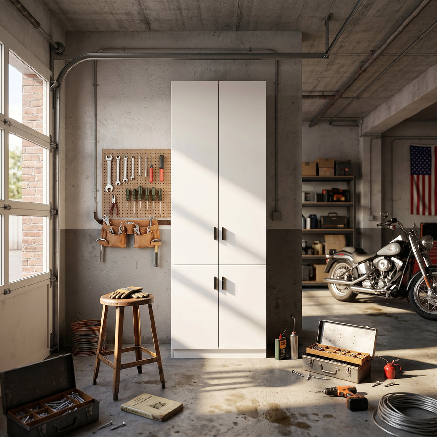 31.5" White Engineered Wood Tall 4-Door Garage Storage Cabinet with Adjustable Interior Shelves