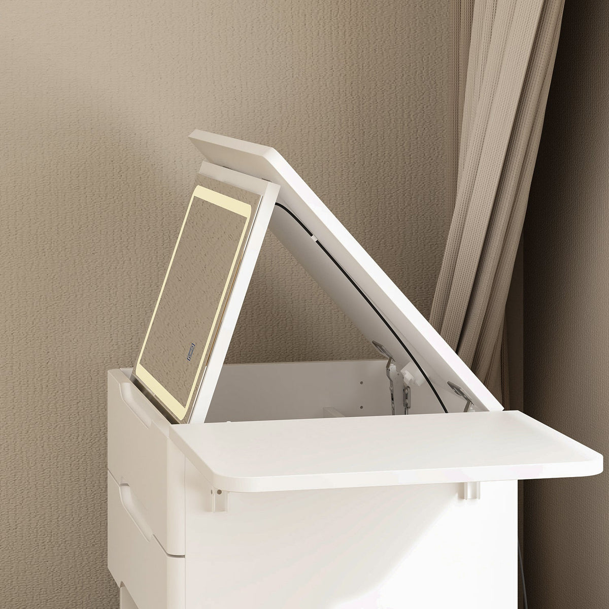 19.8" Modern White Makeup Vanity Table With Flip Top Desktop, LED Lighted, Storage Makeup Stool, Side Shelves