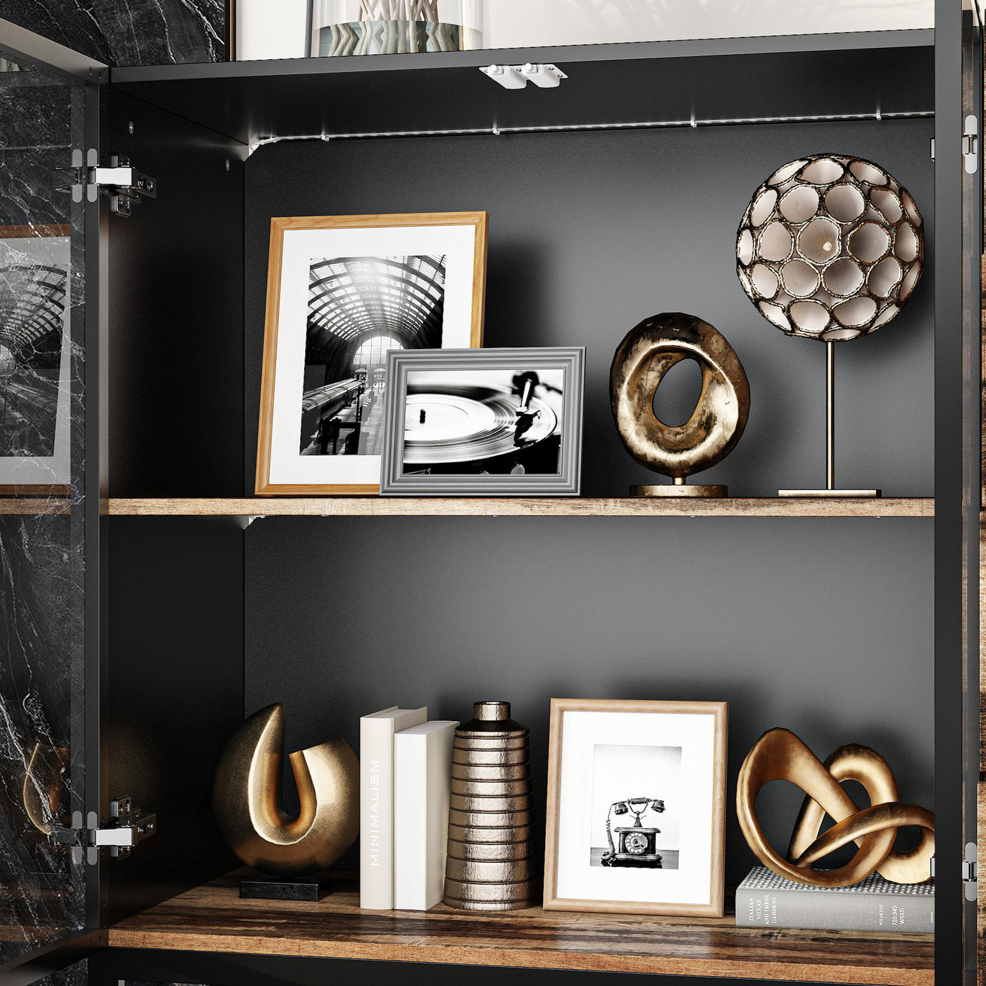 63" Modern Black & Brown Sideboard Buffet Cabinet with LED Lights & 4 Drawers