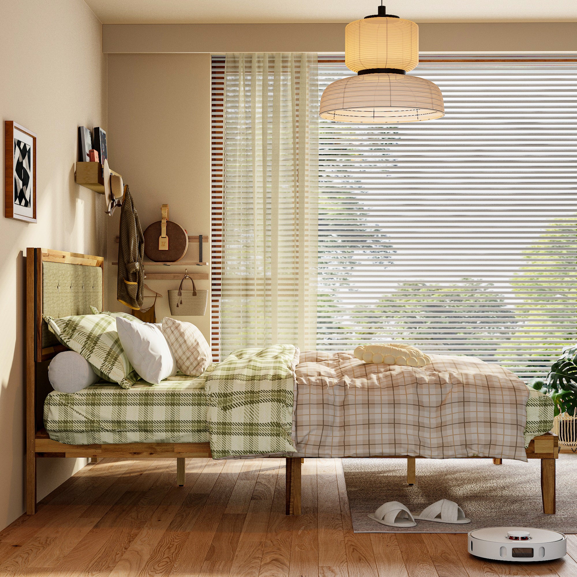 Rustic Solid Acacia Wood Platform Bed Frame With Upholstered Headboard, No Box Spring Needed