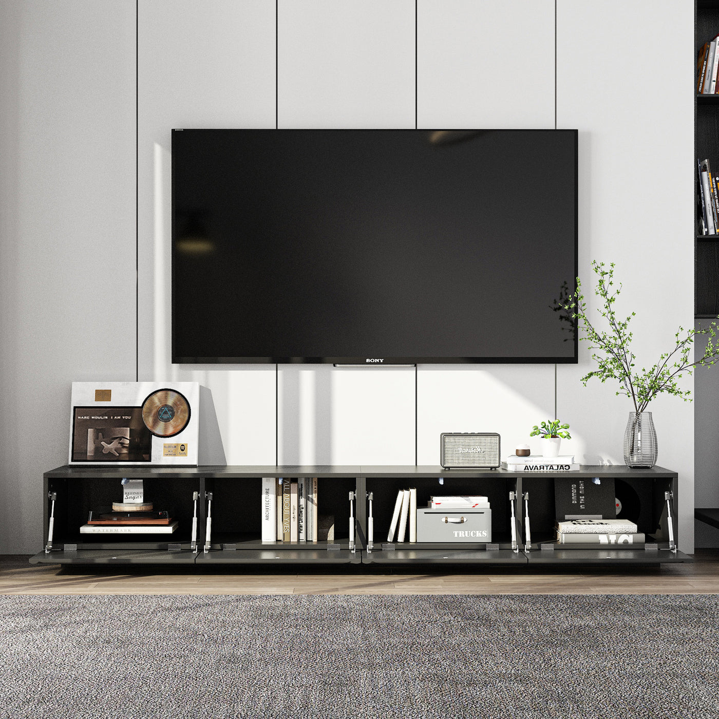 78.7" Modern Black Media Console TV Stand with Drop-Down Doors