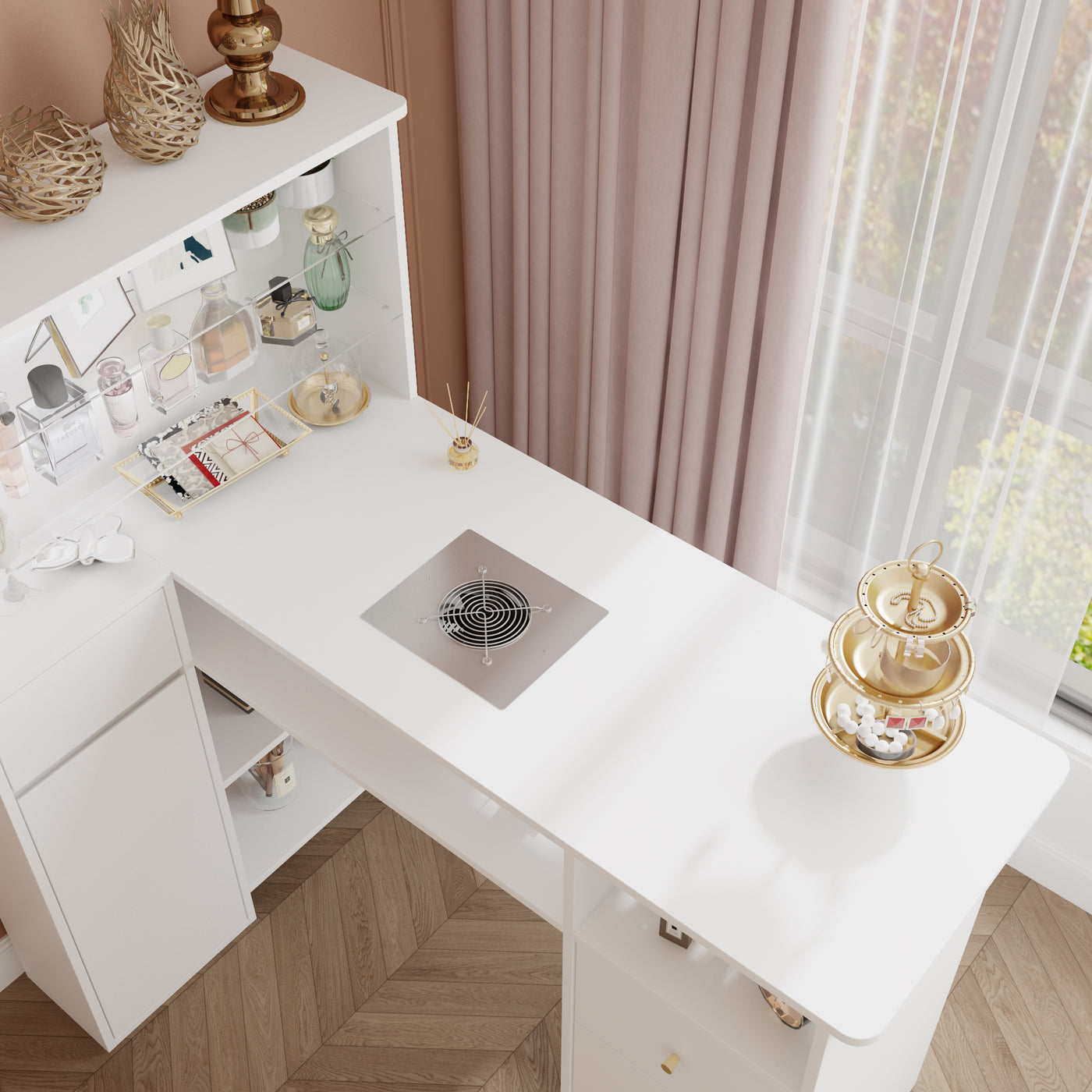 35.4" Modern White L-Shaped Manicure Nail Table with Electric Dust Collector