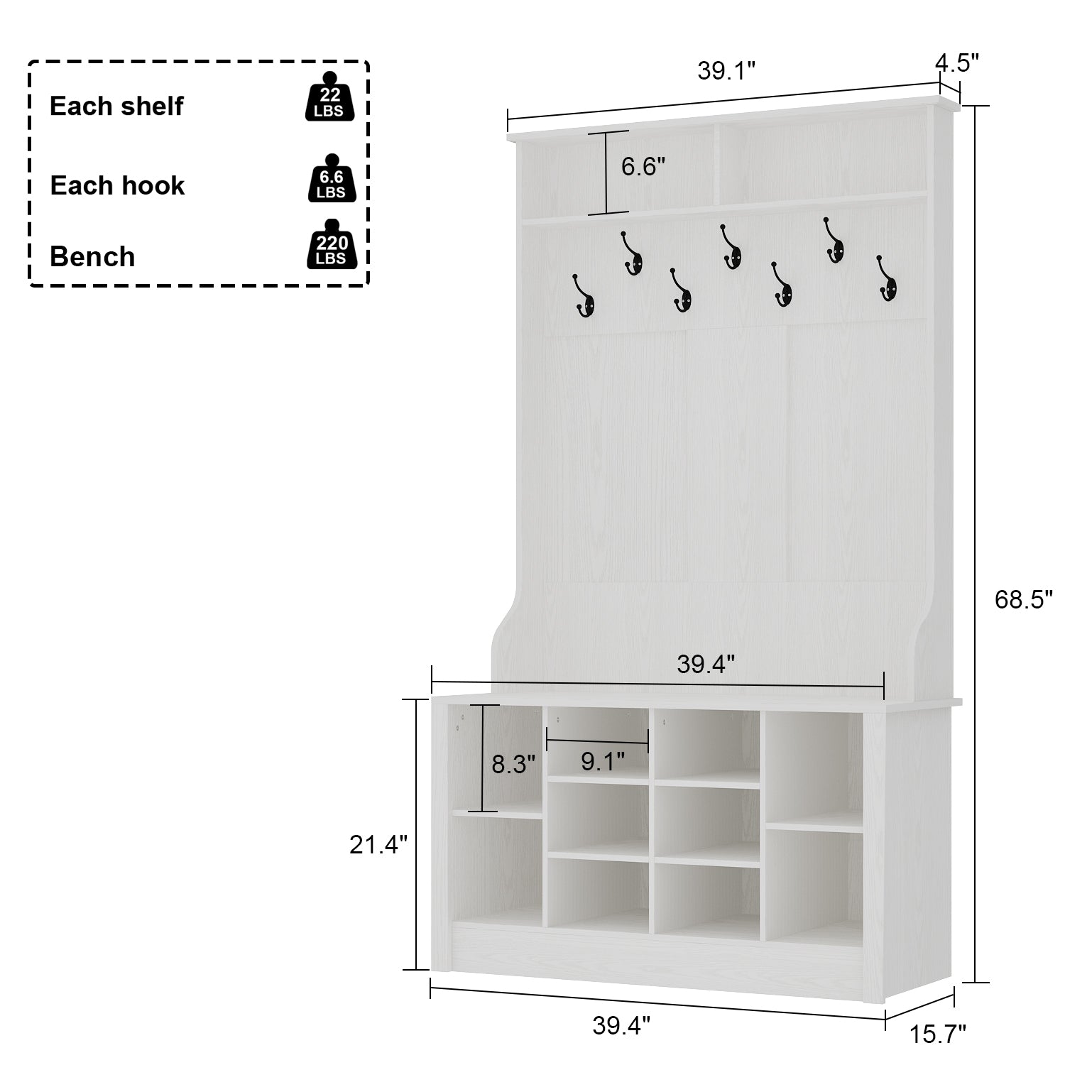 Hall Tree Shoe Storage Rack Bench Cabinet with Hooks for Entryway