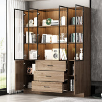 Geyma 63" Modern Brown Display Cabinet with Tempered Glass Doors and Adjustable Lighting