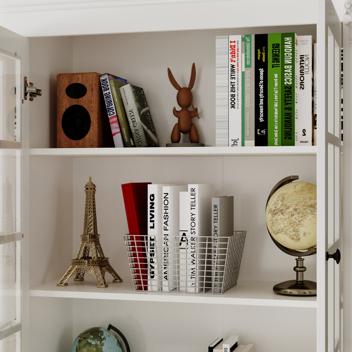 63" Modern White Tall Bookcase with 6 Drawers & 4 Tempered Glass Doors