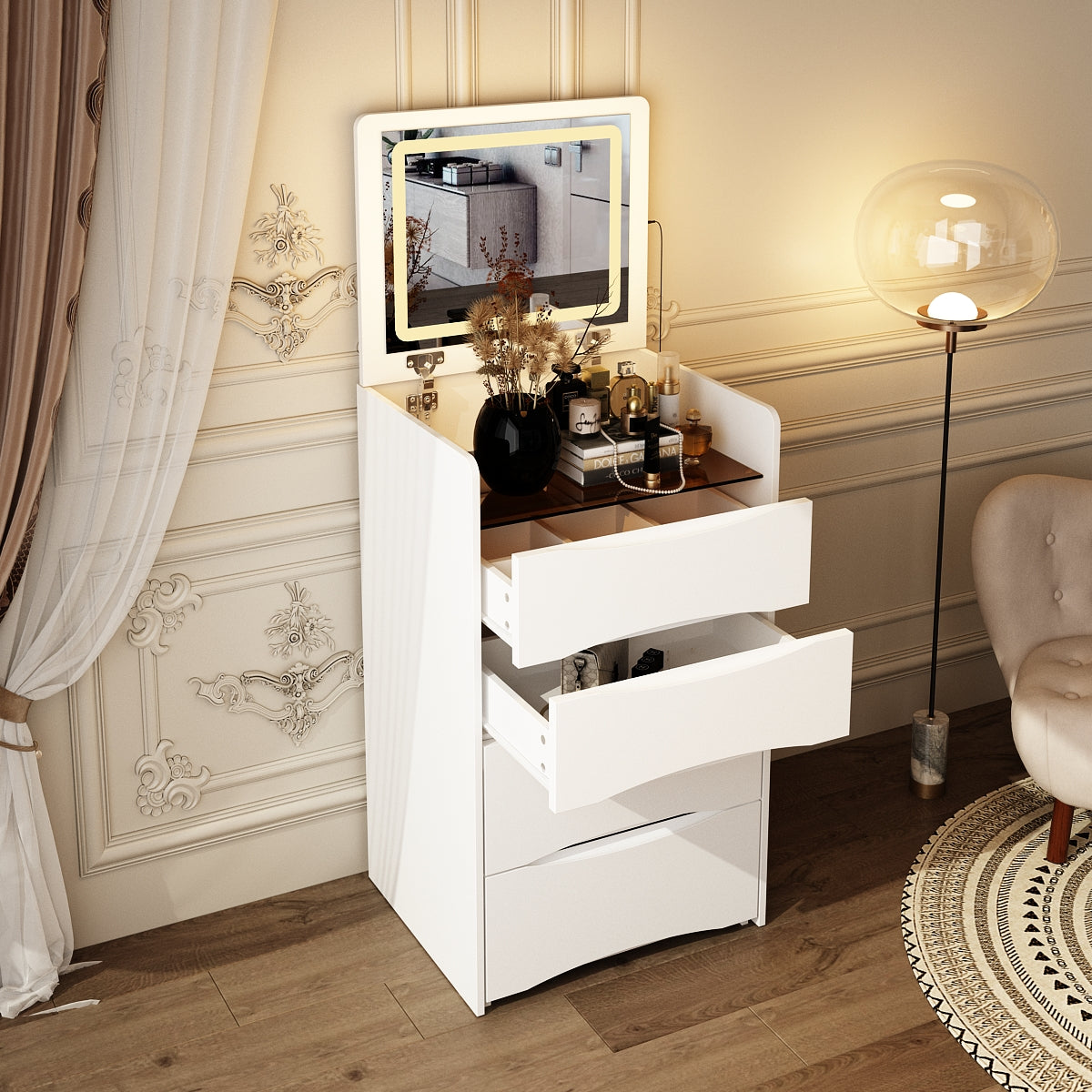 18.7" Modern White Makeup Vanity Desk with Lights and Flip Mirror