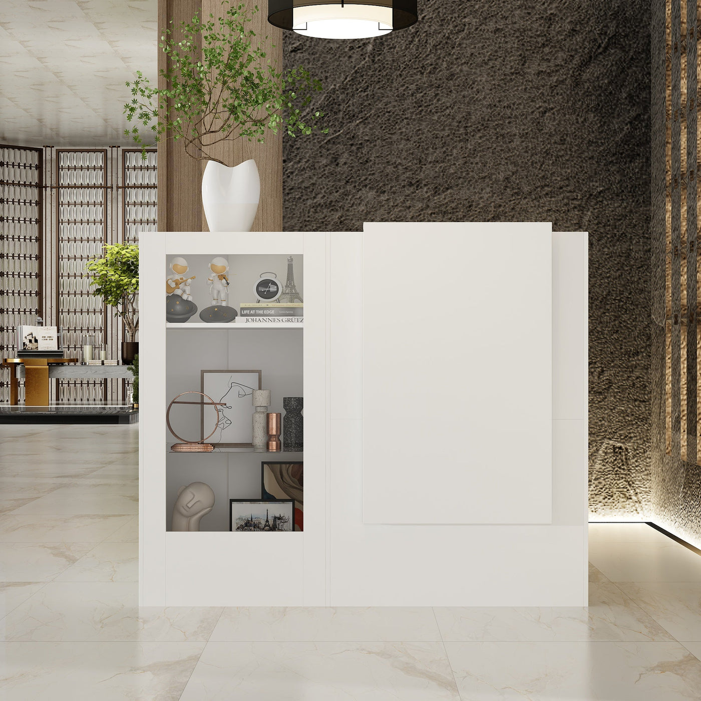 47" Modern Minimalist White LED Reception Desk With Open Shelving And Storage Compartments