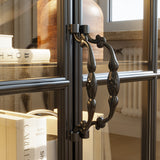 Close-up of a glass door with decorative handle and books inside
