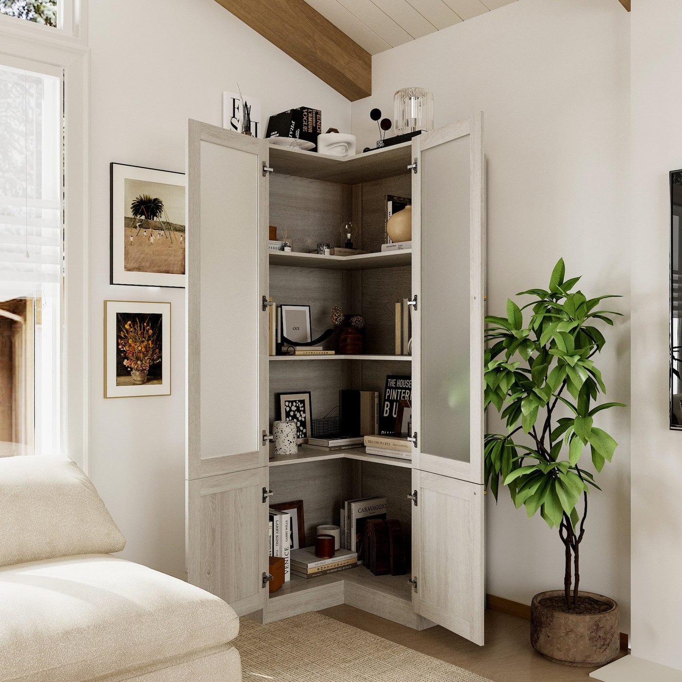 31.5" Modern Elegant Natural Corner China Cabinet With Shelves And Frosted Glass Doors