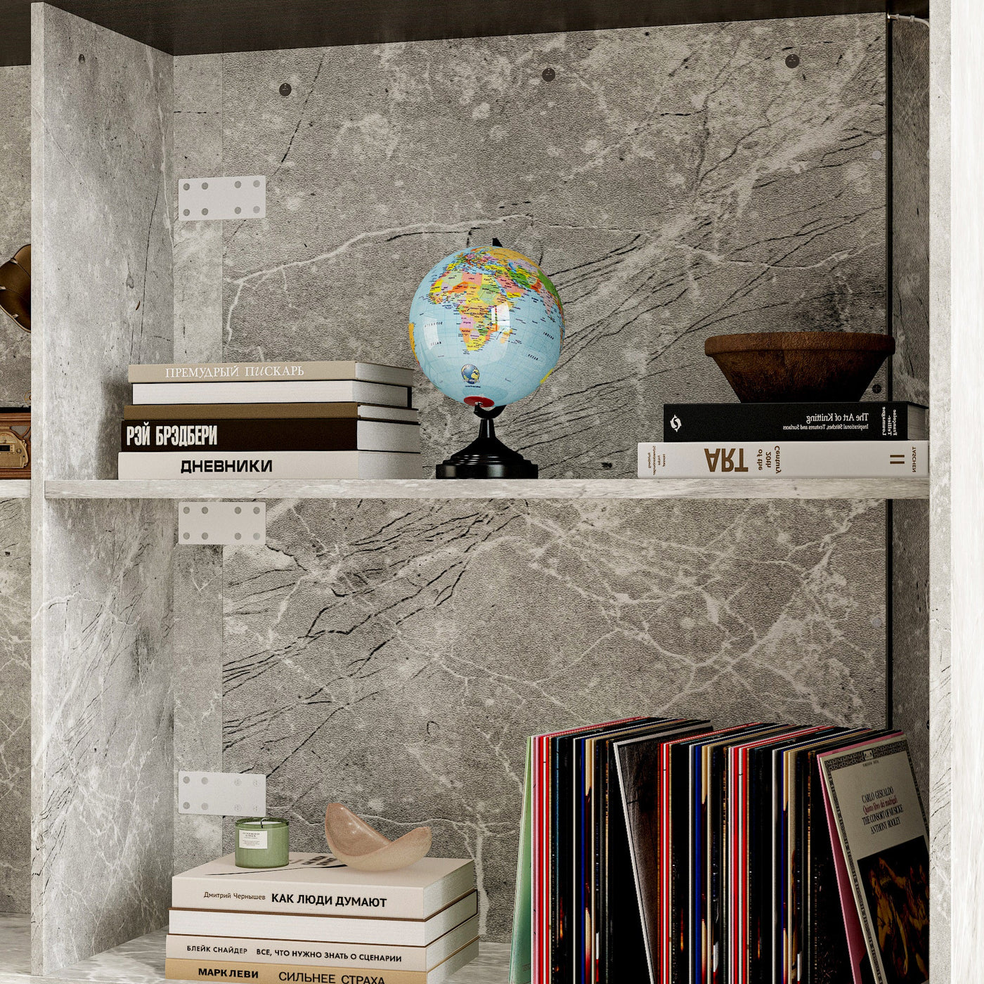Modern reception desk with marble finish in an office setting