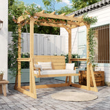 Wooden swing with a canopy in a garden setting