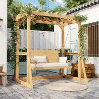 Wooden swing with a canopy in a garden setting