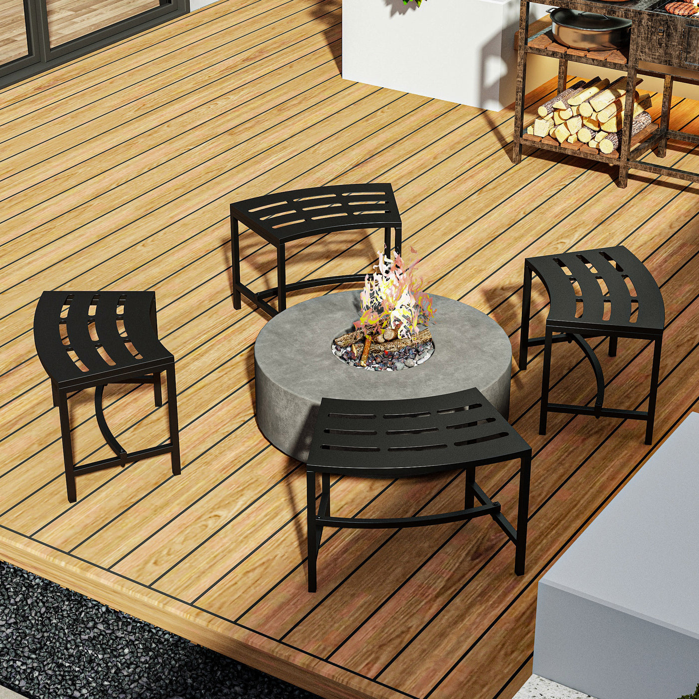 23.9" Industrial Black Outdoor Bench (Set of 4)