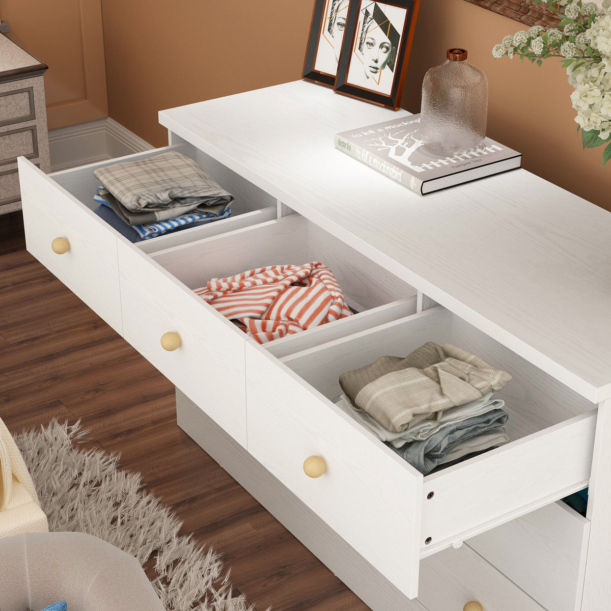 47.2" Modern White Dresser With 9 Pull-out Drawers