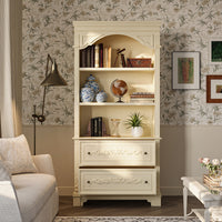 36.2" Elegant Wood Display Cabinet with 3 Open Shelves & 2 Carved Drawers