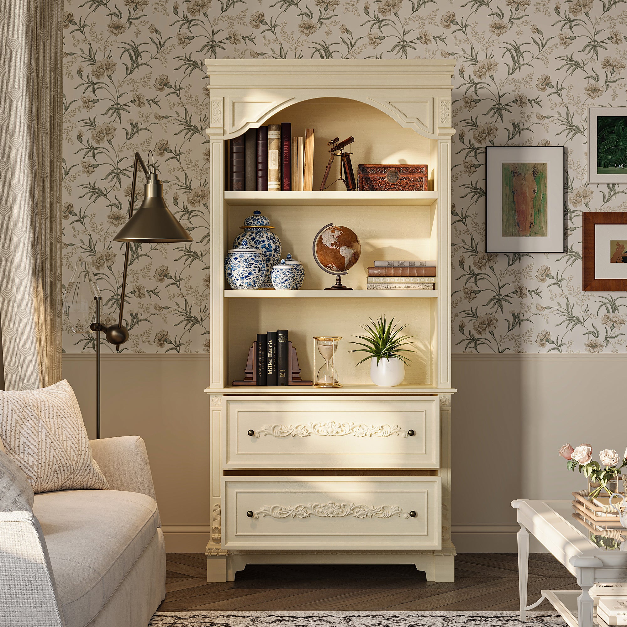 Elegant Display Cabinet With 3 Open Shelves & 2 Carved Drawers