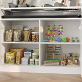 Shelving unit with pet supplies including toys and food on a wooden floor.
