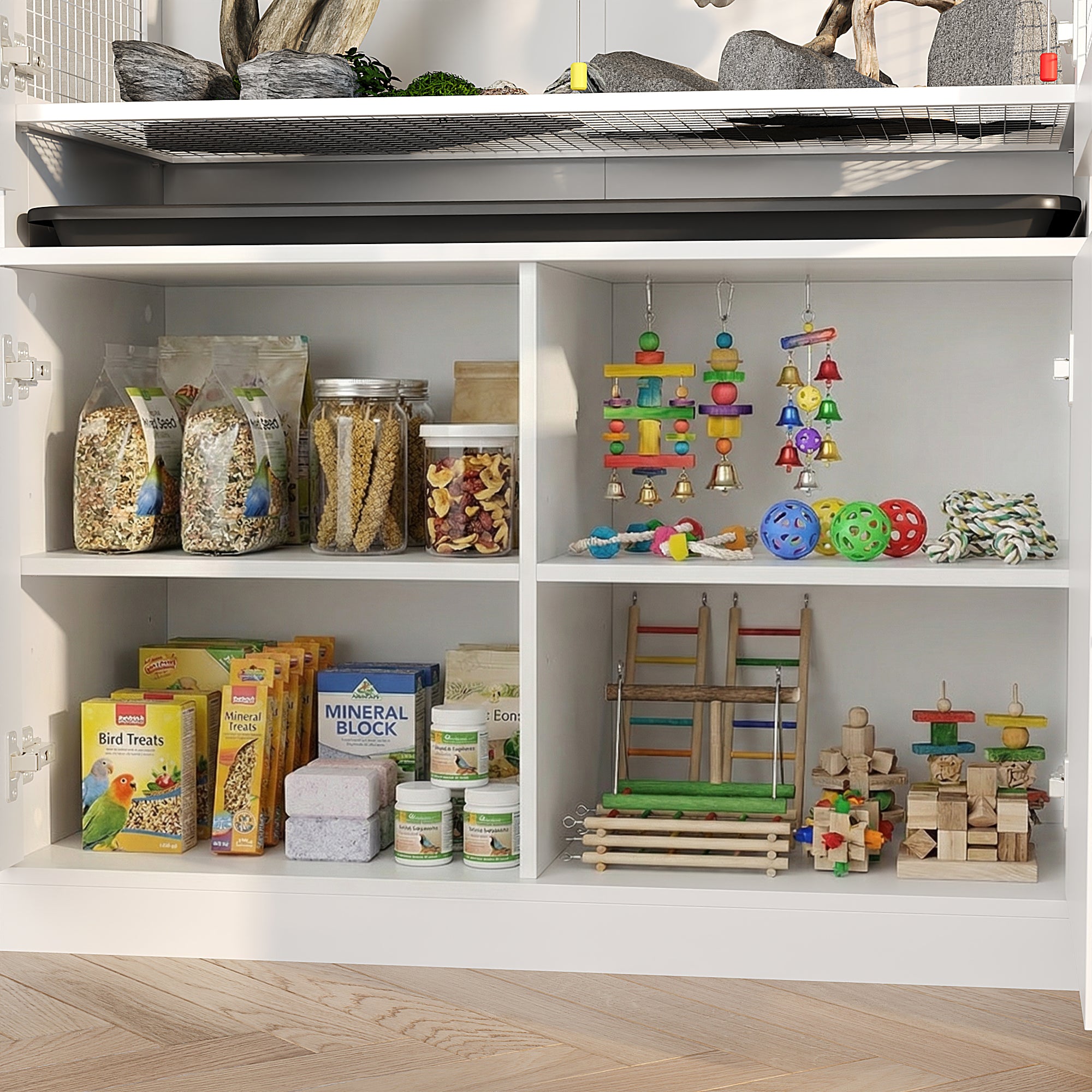 Shelving unit with pet supplies including toys and food on a wooden floor.