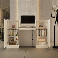 59" Modern White Reception Desk With Display Cabinets And LED Lightsand Transparent Glass