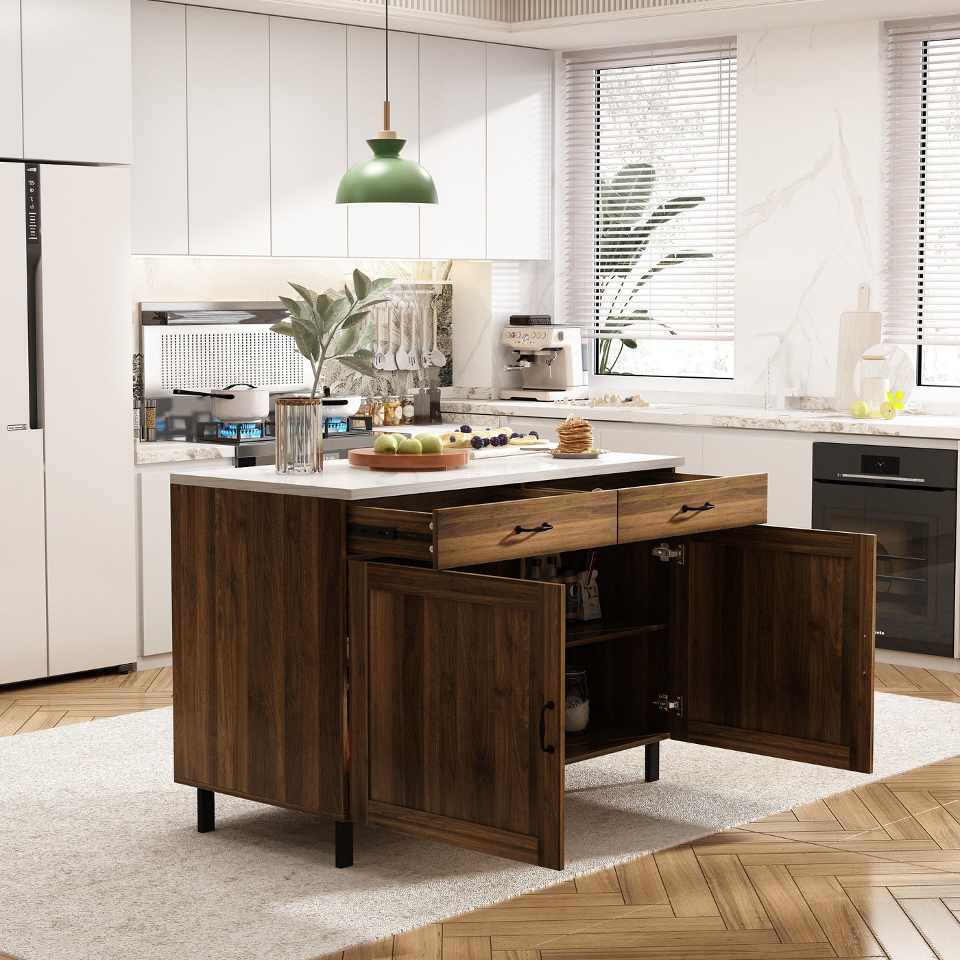47.2" Modern Brown Wood Kitchen Island with Marble Veneer Countertop and Storage