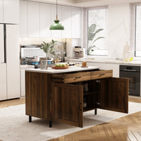 47.2" Modern Brown Wood Kitchen Island with Marble Veneer Countertop and Storage