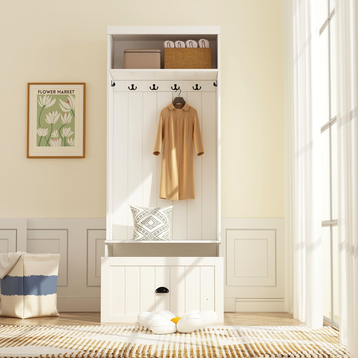 Hall Tree Shelf Rack Shoe Storage Coat Organizer Cabinet for Entryway in Combination