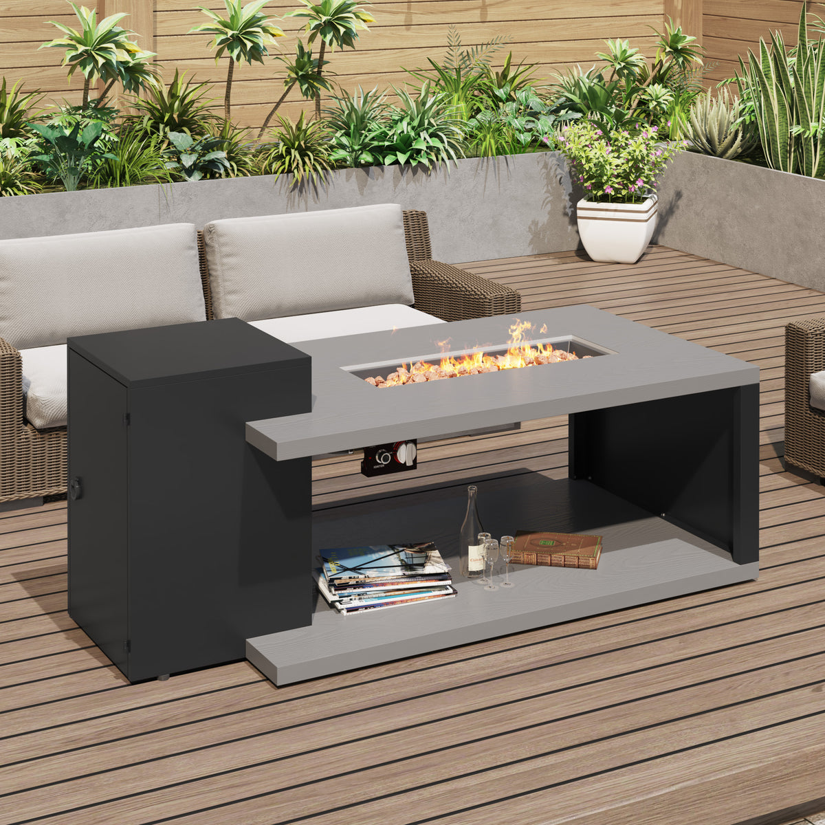 Outdoor patio setting with a fire pit table, chairs, and plants.