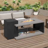 Outdoor patio setting with a fire pit table, chairs, and plants.