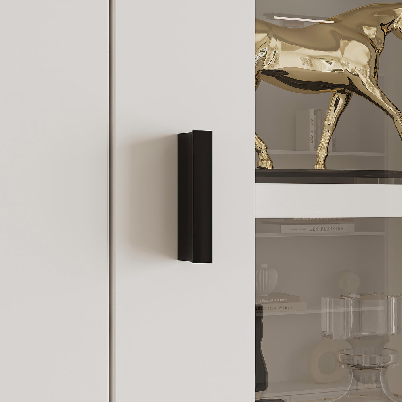 47.2" Elegant White Bookcase with Glass Doors and Open Shelves
