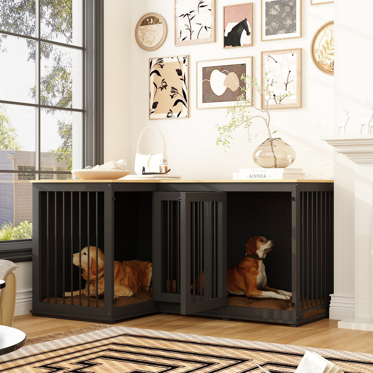 58.7 inch Rustic Black Corner Dog Crate with Steel Divider