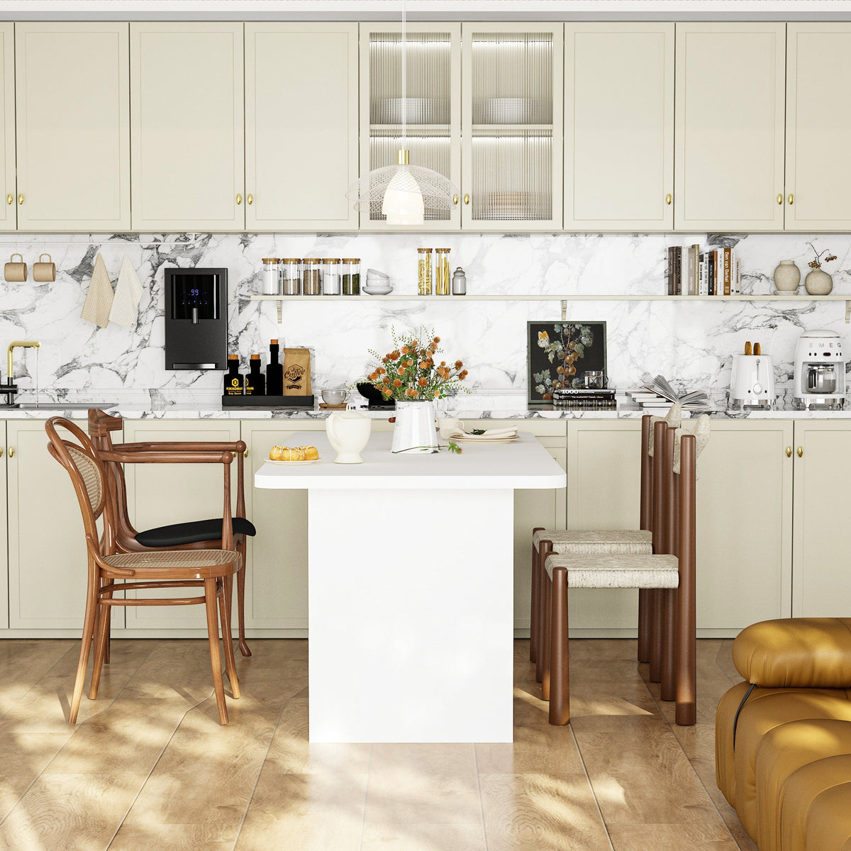 74.8" Modern Minimalist White Dining Table With Arched, Openwork Legs
