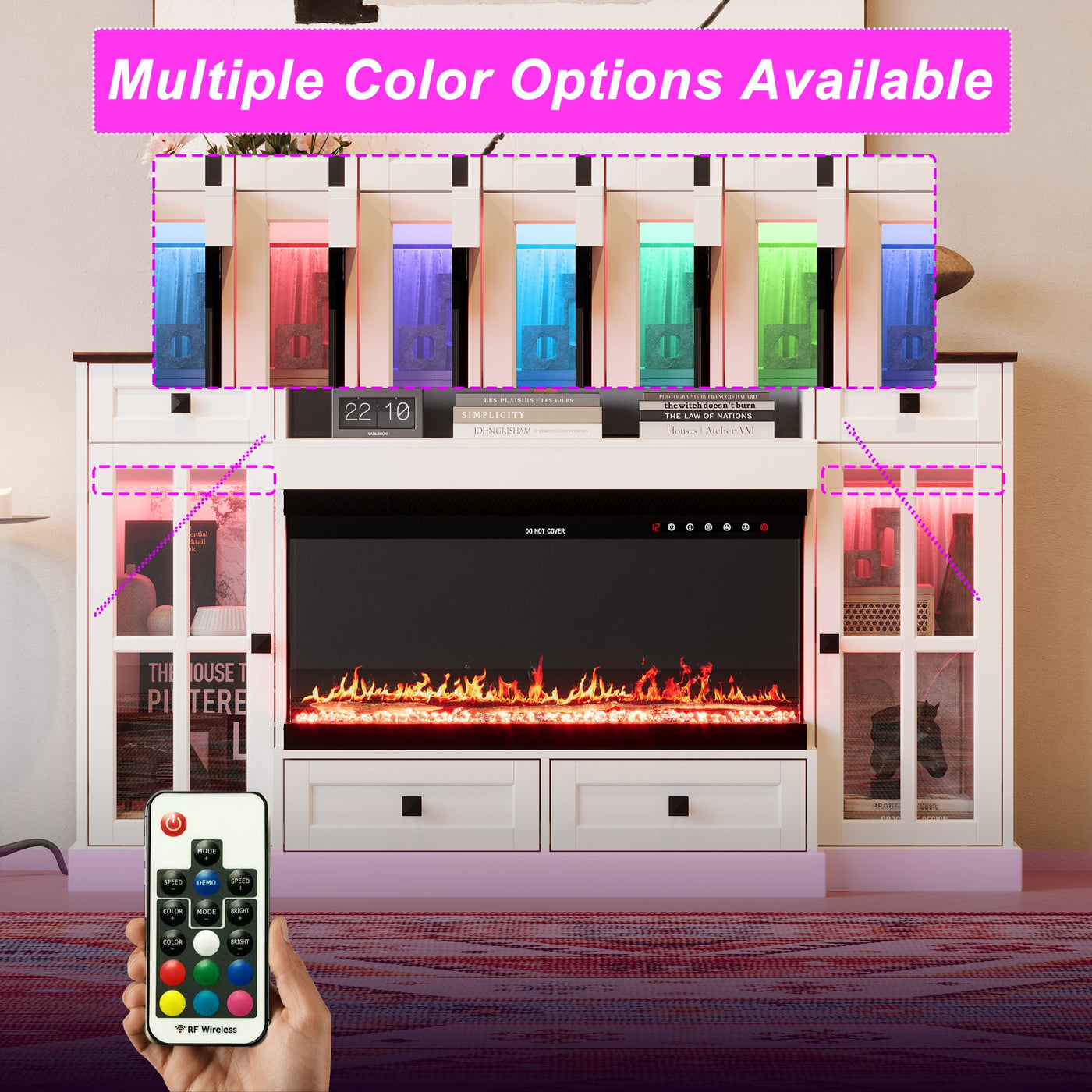 55" Modern White Electronic Fireplace With White TV Stand and Adjustable Light