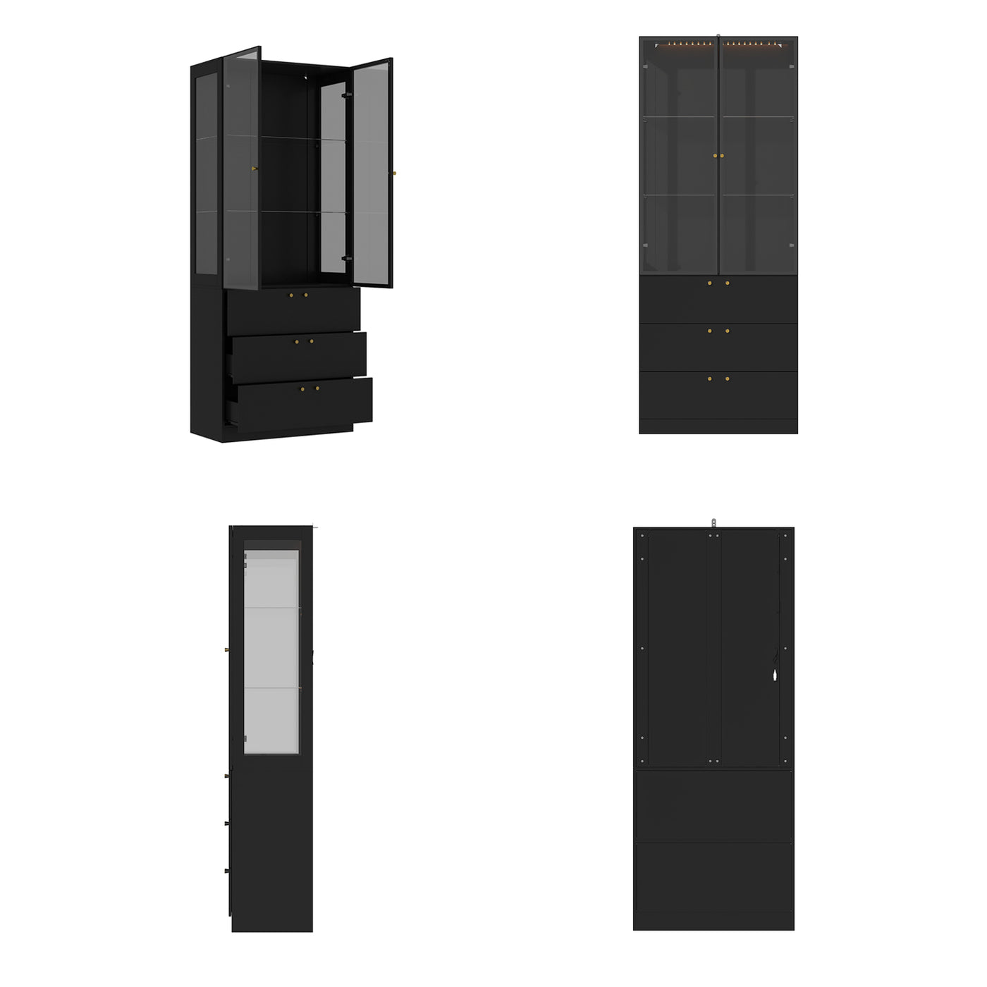 31.5" Modern Black Display Bookcase with LED Light and Glass Doors