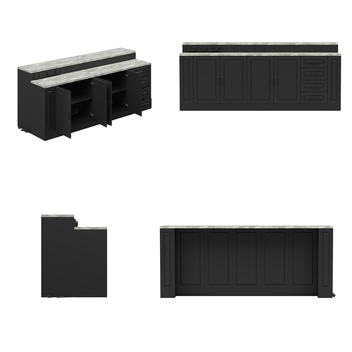 Black kitchen cabinets with gray countertops on a white background