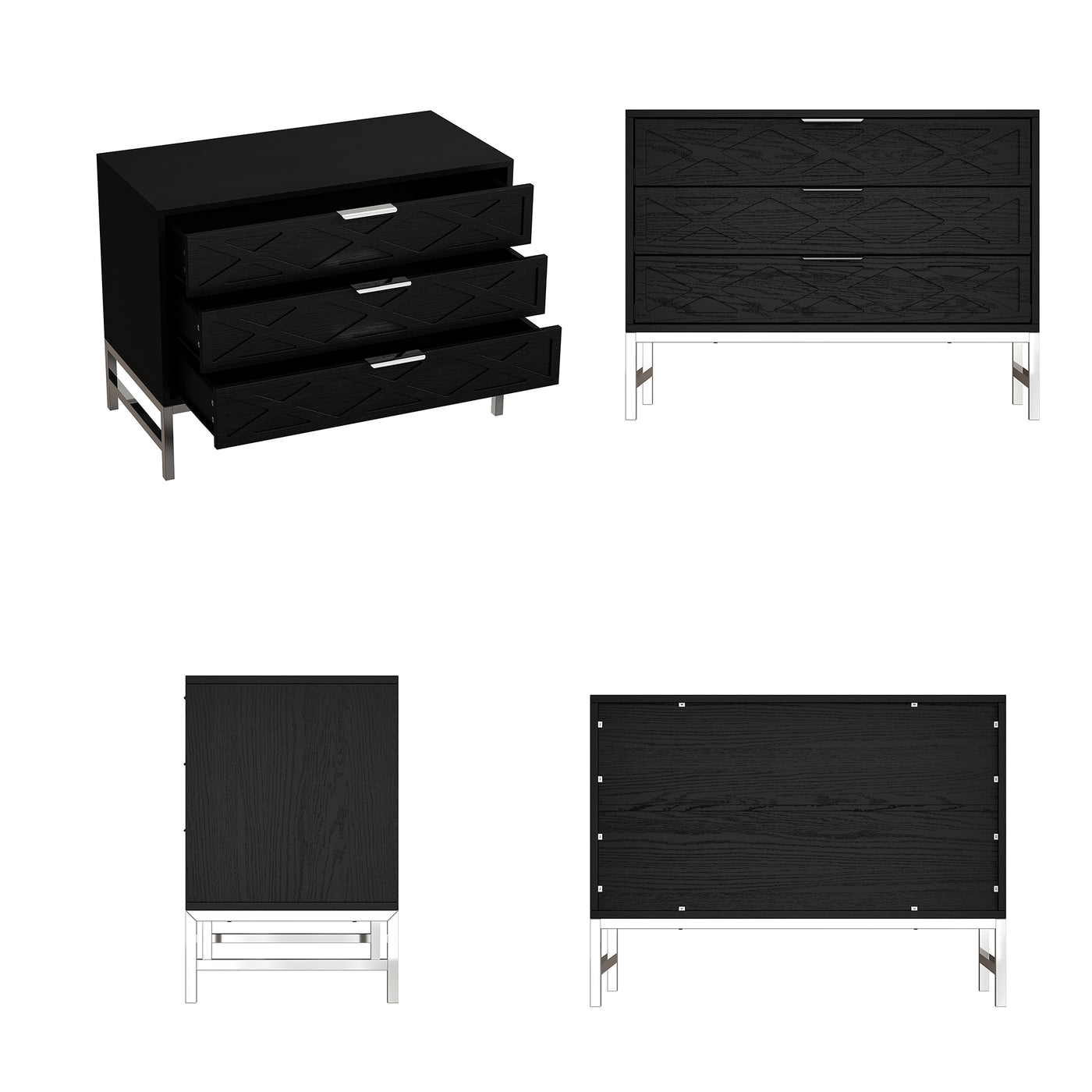 19.7" Modern Black 3-Drawer Nightstand with Metal Legs