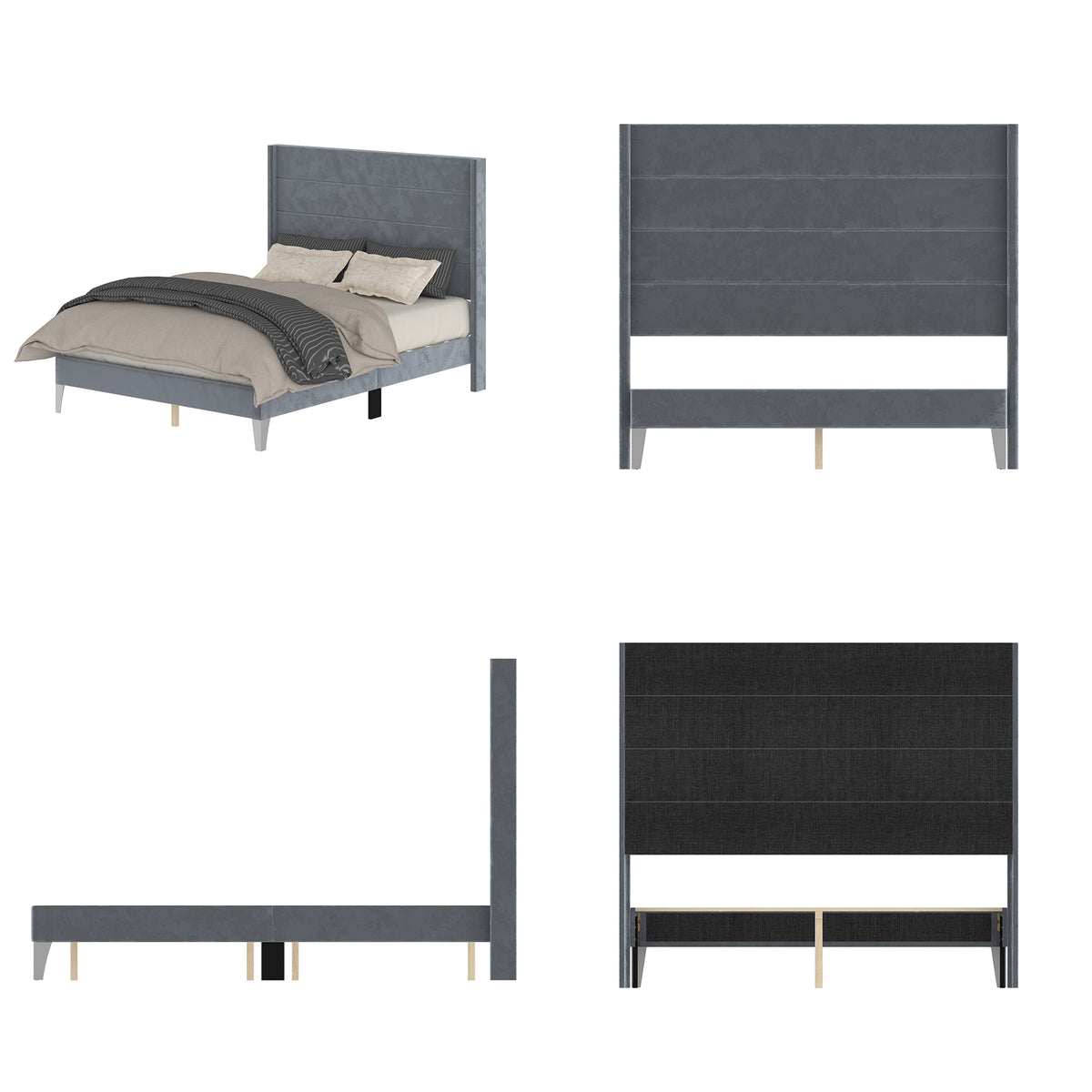 63.8" Simplistic Gray Platform Bed with Solid Wood Legs