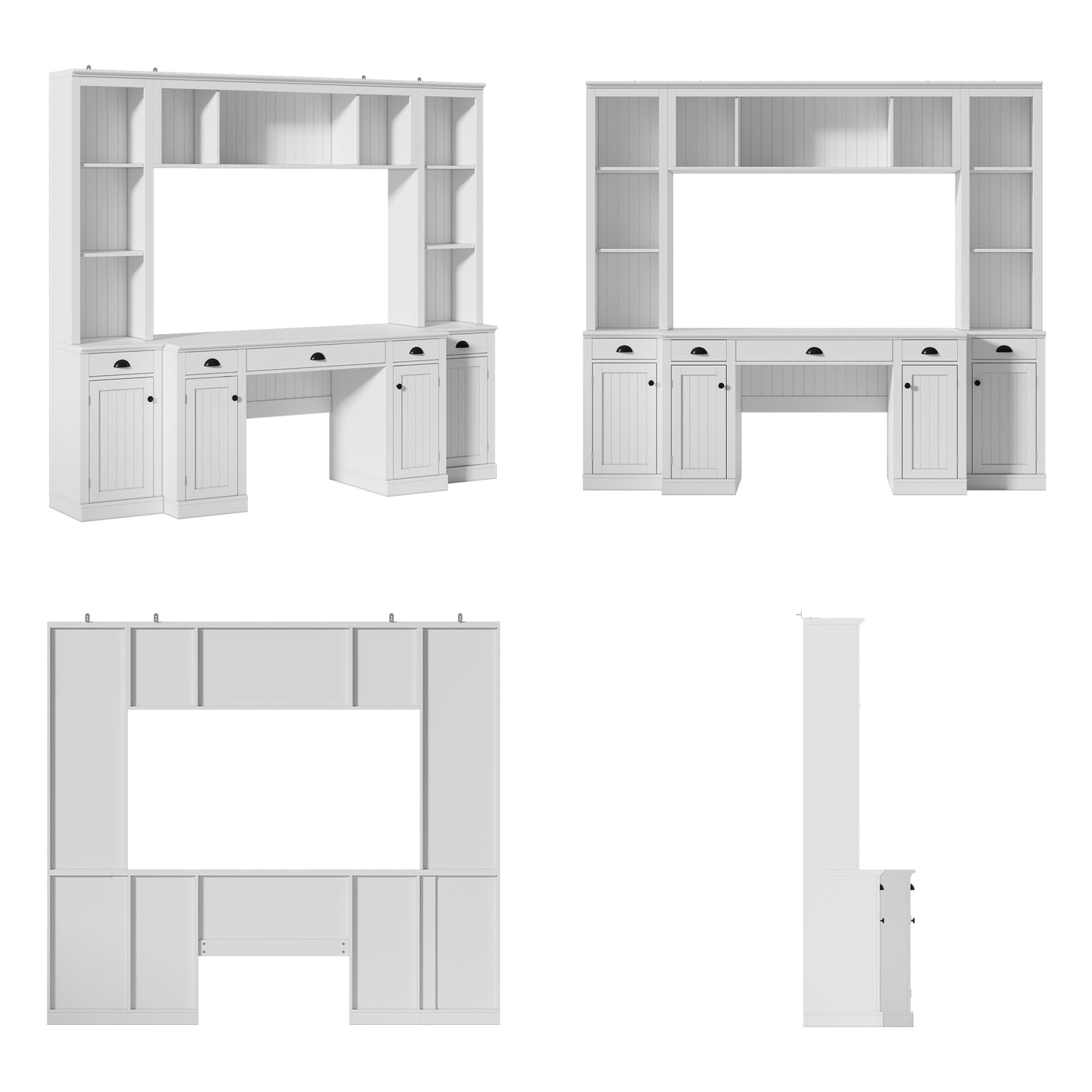 88.5" White 4-Piece Modular Entertainment Wall Unit with Writing Desk, Open Bookcase Shelves & Closed Storage Cabinets