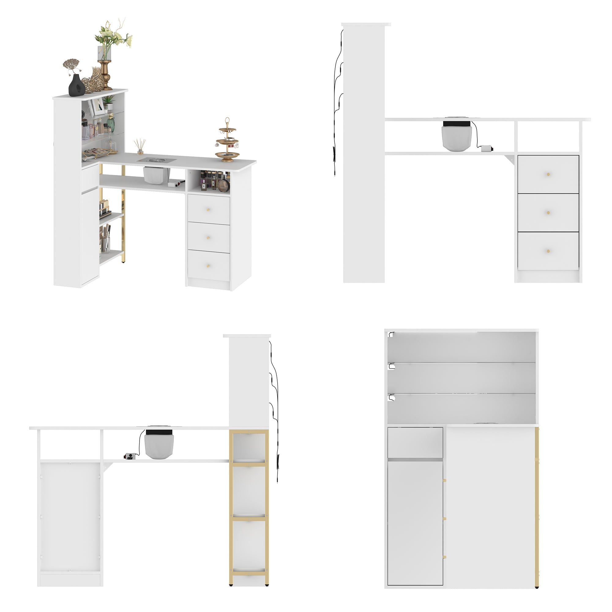 L-Shaped Manicure Nail Table Station With Electric Dust Collector