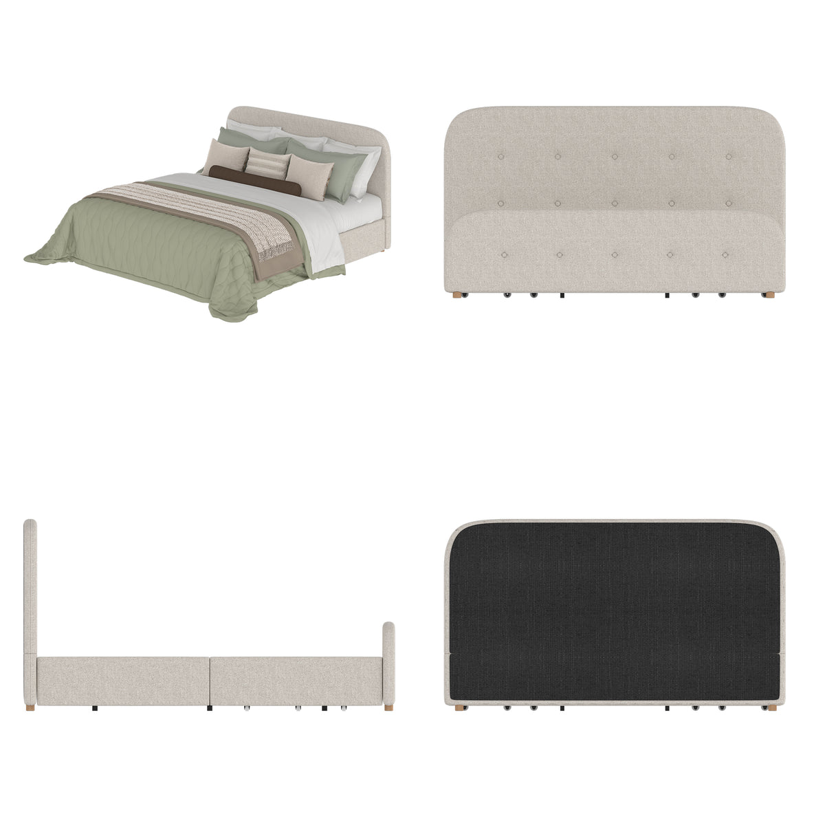 King Size Beige Upholstered Bed with Storage Drawers & Linen Headboard
