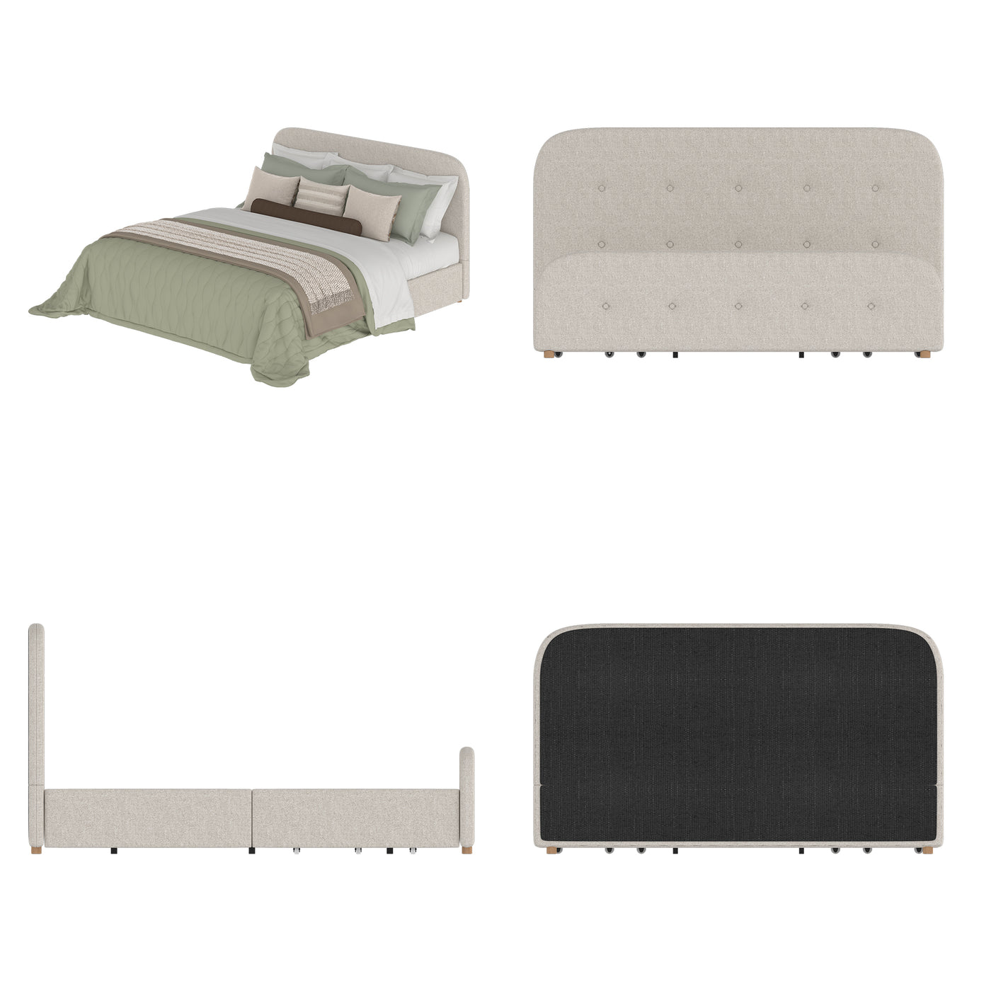 King Size Beige Upholstered Bed with Storage Drawers & Linen Headboard