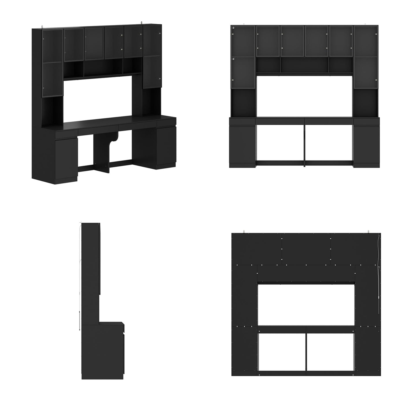 90.6" Transitional Black Computer Desk With Light And Glass Hinged Doors