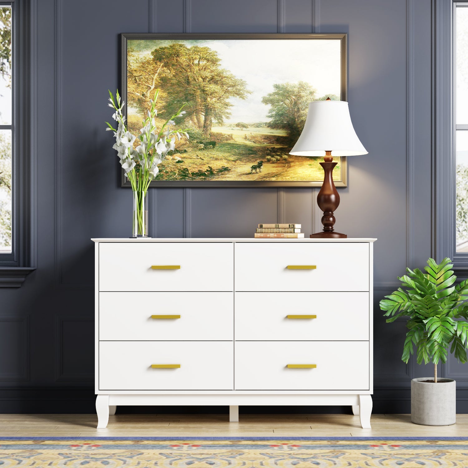Modern White Finish Double Dresser 6-Drawer Cabinet for Hallway Entryway Living Room