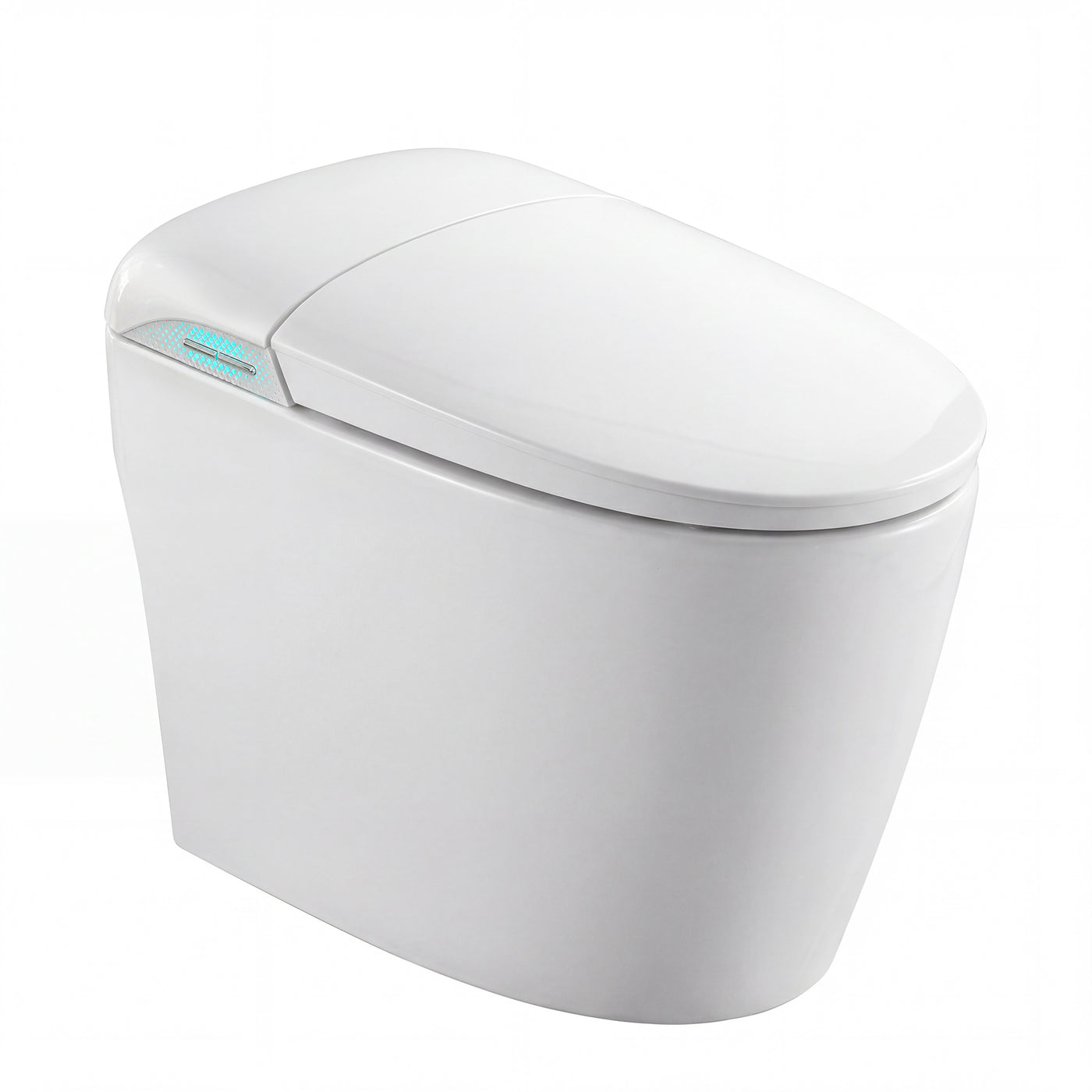 White smart toilet with automatic lid opening, foot kick flush, and foot kick seat opening