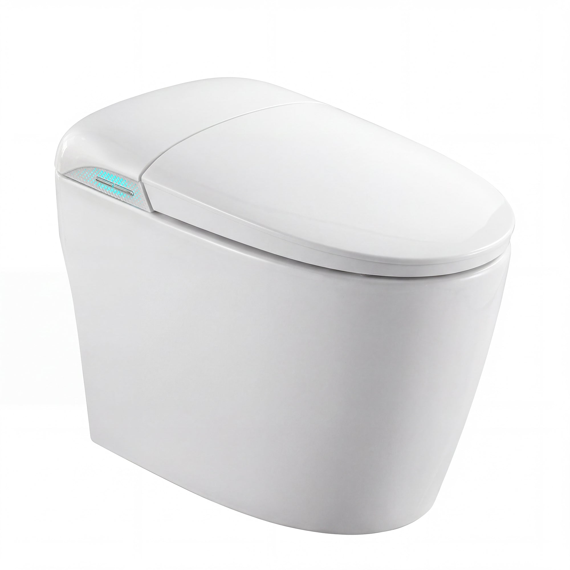 White smart toilet with automatic lid opening, foot kick flush, and foot kick seat opening