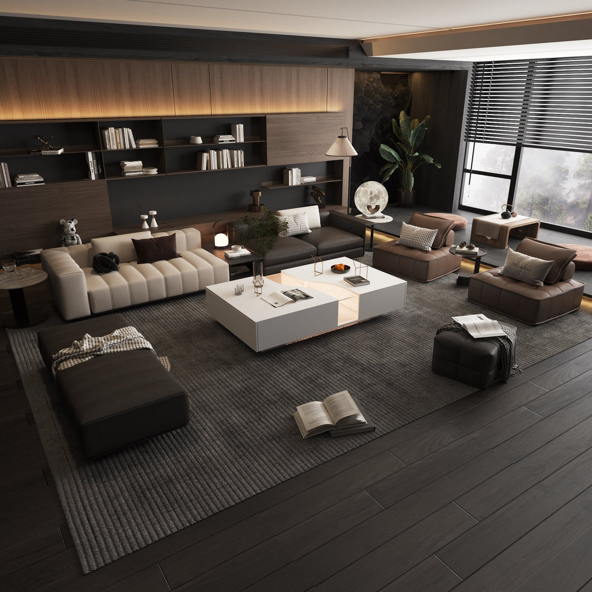 55.1" Modern White Coffee Table with Dual-Sided Drawers and Lighted Glass Center