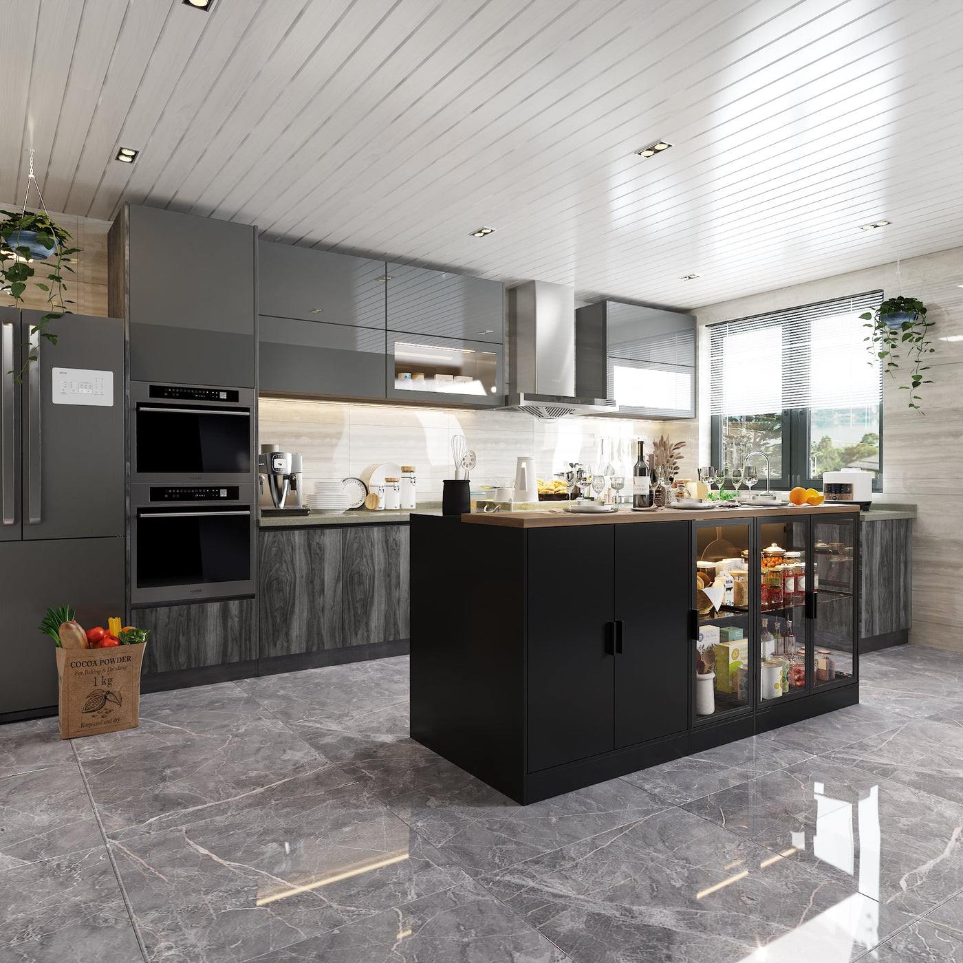 77.6" Modern Elegant Black Kitchen Island with 3 Drawers, Lights and Glass Doors